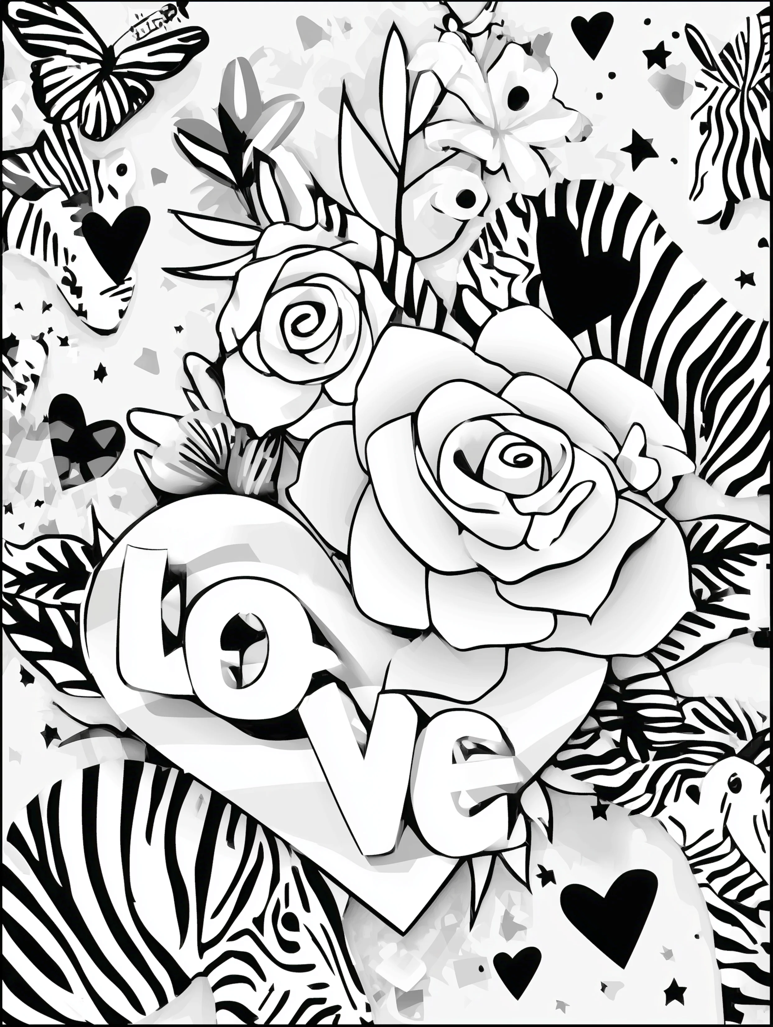 Free printable valentines coloring pages for adults featuring flowers with diagonal love word